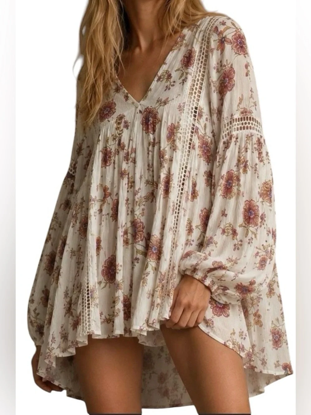 Free People Just the Two of Us Floral Crochet Tunic Dress Large